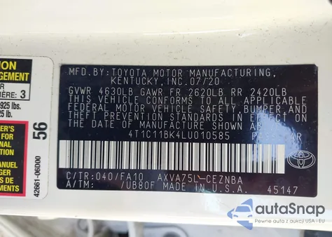 2020 Toyota Camry Le Awd из США, поврежденный, VIN 4T1C11BK4LU010585